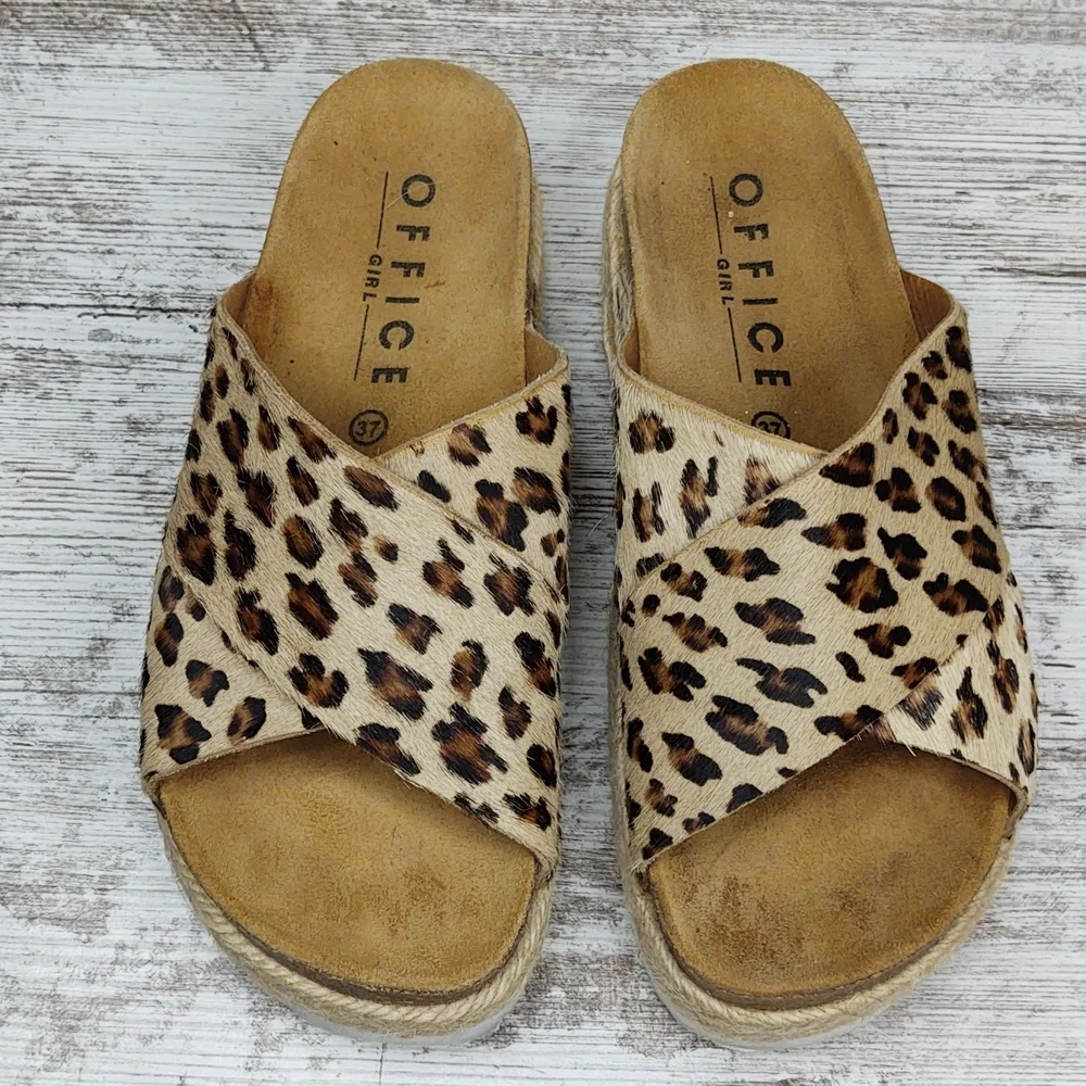 Like New Office Girl Leopard Calf Hair Flatform Espadrille Slide Sandal - Picture 4 of 16